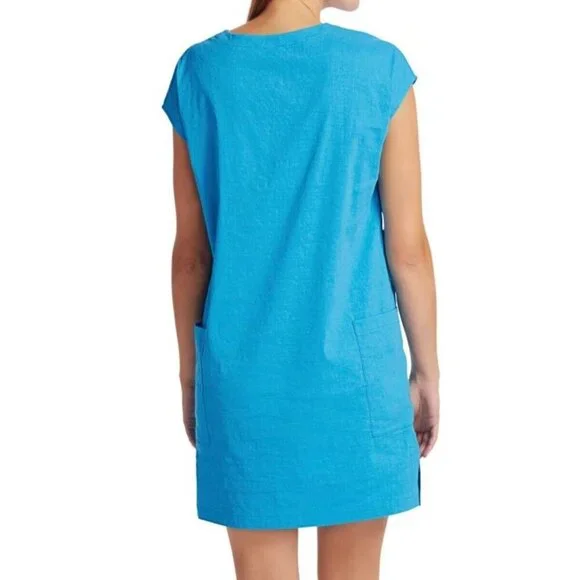 Theory Saturina Linen-Blend Shift Dress 10 Splitneck Waist patch pockets Casual - Picture 2 of 11